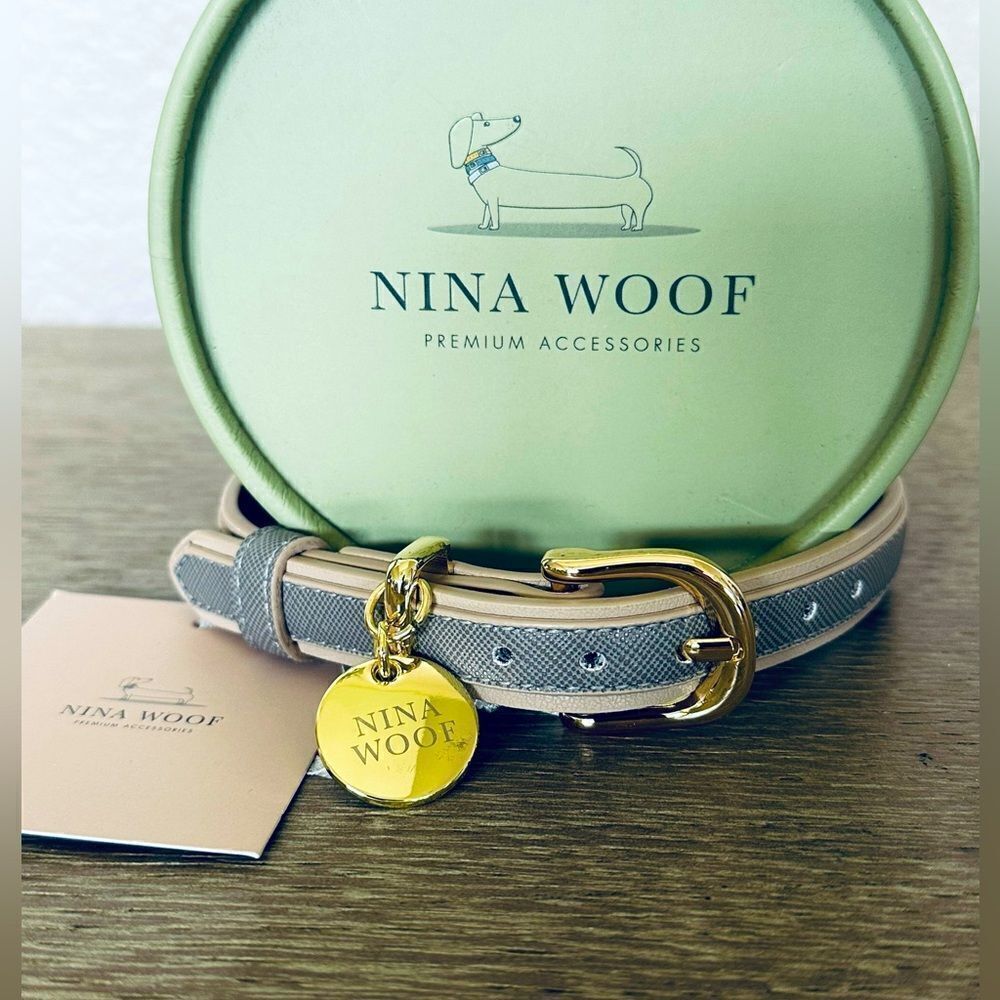 Nina Woof Premium Gray Gold Vegan Leather London Dog Collar
